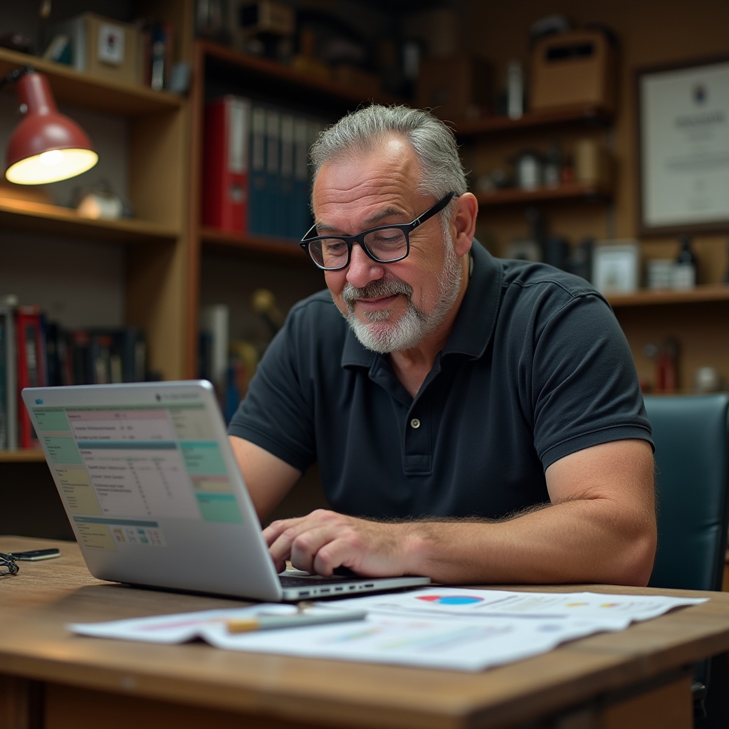 Meister liest automatischen Tagesbericht auf dem Laptop im Büro