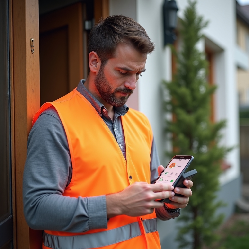 Monteur startet mobile Zeiterfassung auf dem Smartphone auf der Baustelle