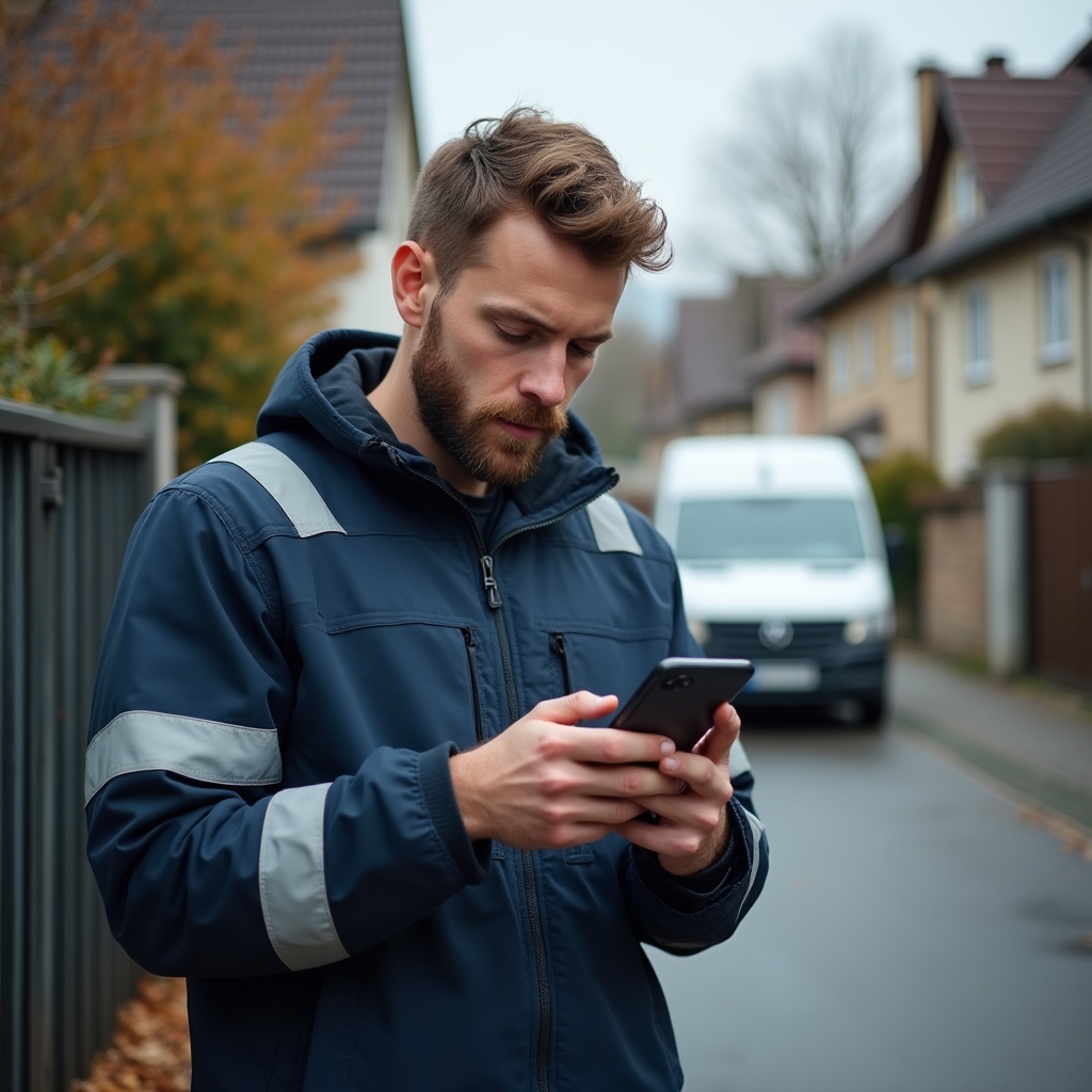 Monteur liest Auftragsdetails auf dem Smartphone vor dem Kundenhaus